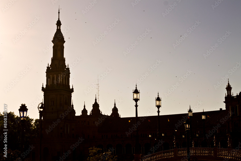 Sunset view at Spain Square in Seville, Spain