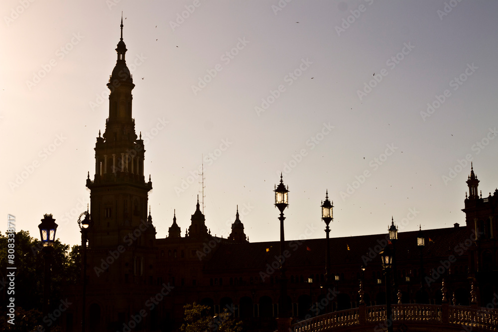 Naklejka premium Sunset view at Spain Square in Seville, Spain