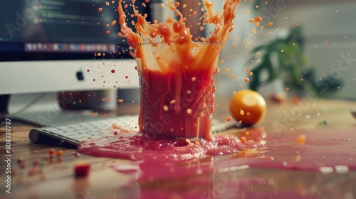 A playful twist with a smoothie dramatically spilled over a sleek keyboard, capturing the unexpected moment of mess in a work environment photo