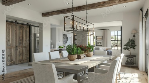 Dining room in modern farmhouse style neutral tones, wood beams, contemporary finishes White background with a decorative centerpiece