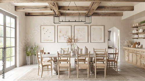 Dining room in modern farmhouse style rustic beams, neutral tones, sleek finishes Isolated white background with a sideboard photo