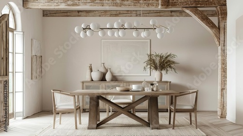 Dining room in modern farmhouse style rustic beams, neutral tones, sleek finishes Isolated white background with a sideboard photo