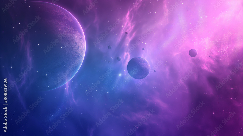Background in pink and purple tones, majestic purple cosmos with glowing planets and stars, serene space scene for tranquil meditation and cosmic inspiration