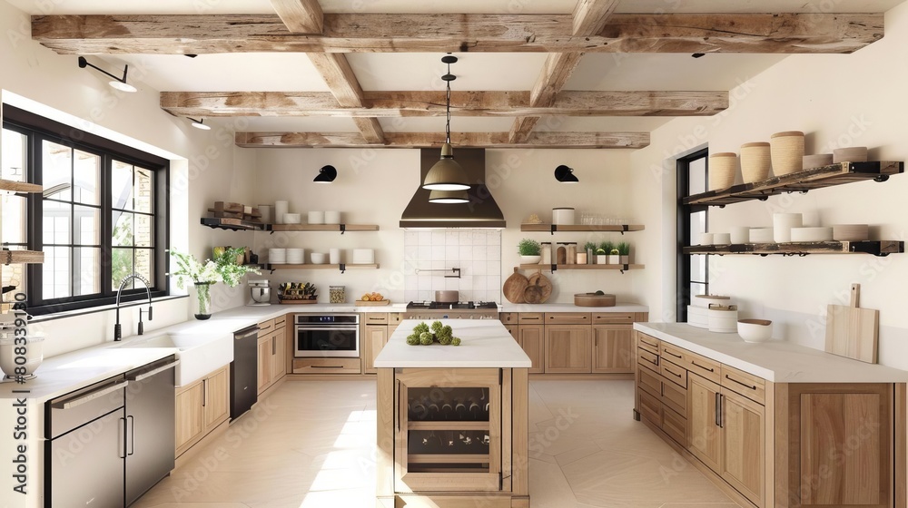 Kitchen in modern farmhouse style sleek appliances, rustic wood beams, neutral tones White background highlighting an open shelving concept Kitchen in modern farmhouse style sleek appliances, rustic wood beams, neutral tones White background highlighting an open shelving concept