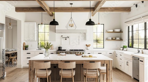 Kitchen in modern farmhouse style sleek finishes  exposed beams  neutral palette Isolated white background highlighting a farmhouse oven