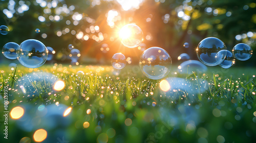 Lots of soap bubbles flying above the grass in the sun beams, background and wallpaper  photo
