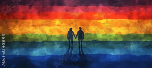 couple holding hands on rainbow background