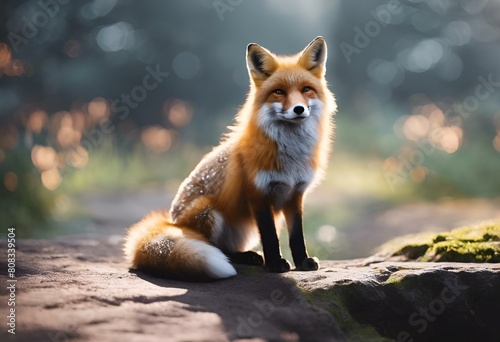 a fox sitting in the sun on a rocky hillside side