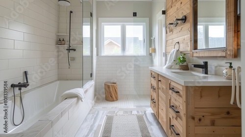 Modern farmhouse bathroom sleek finishes, exposed wood, neutral tones White background with double vanities