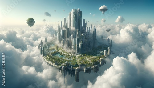 mages of a fantasy city floating on clouds, featuring tall buildings and gardens. The wide-angle view captures the expansive and ethereal atmosphere of this dreamlike setting photo