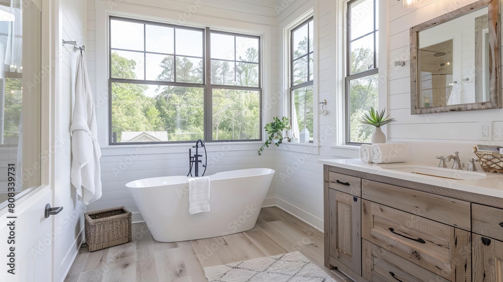 Bathroom in modern farmhouse style sleek finishes, exposed wood, and neutral tones White background showcasing a freestanding tub Bathroom in modern farmhouse style sleek finishes, exposed wood, and neutral tones White background showcasing a freestanding tub