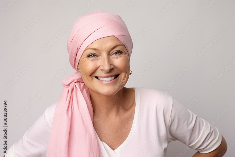 Optimistic senior woman with cancer wearing pink headscarf on gray background. Girl after chemotherapy treatment. Oncology patient battling with tumor. World cancer day. Healthcare and medical concept Optimistic senior woman with cancer wearing pink headscarf on gray background. Girl after chemotherapy treatment. Oncology patient battling with tumor. World cancer day. Healthcare and medical concept