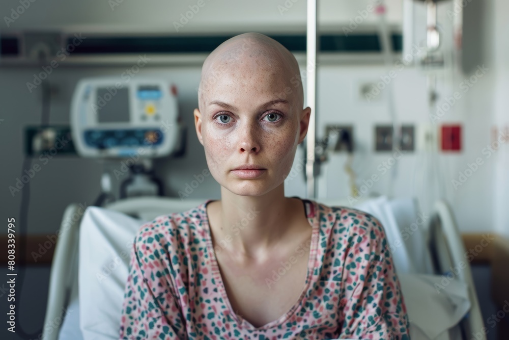 Fototapeta premium Bald woman in bed suffering from cancer. Cancer patient receiving chemotherapy treatment in a hospital. Oncology patient battling with tumor. World cancer day. Healthcare and medical concept