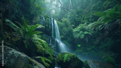 Cinematic photo of a waterfall in a rainforest  with mossy rocks and ferns 