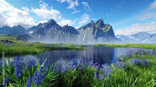 Stokksnes, Iceland with the Stordspecies of vestrahorn mountain in the background, a small lake and blue skies, purple flowers, green grass hyper realistic  photo