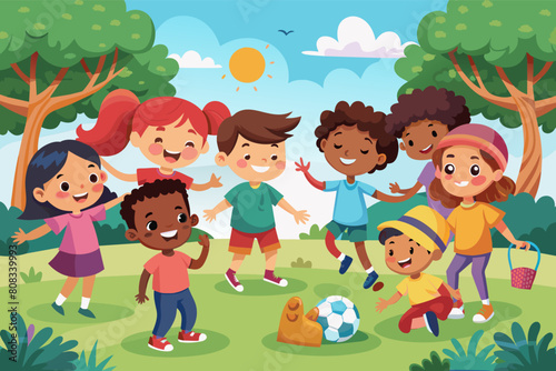 Illustration of a diverse group of six children happily playing in a sunny park with trees  a soccer ball  and butterflies around