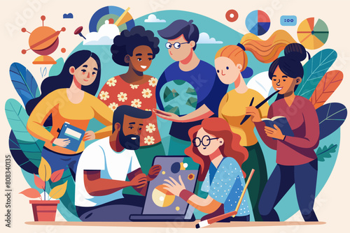 Illustration of a diverse group of seven young adults engaging in a collaborative work session with laptops and notebooks, surrounded by various icons like gears and a lightbulb