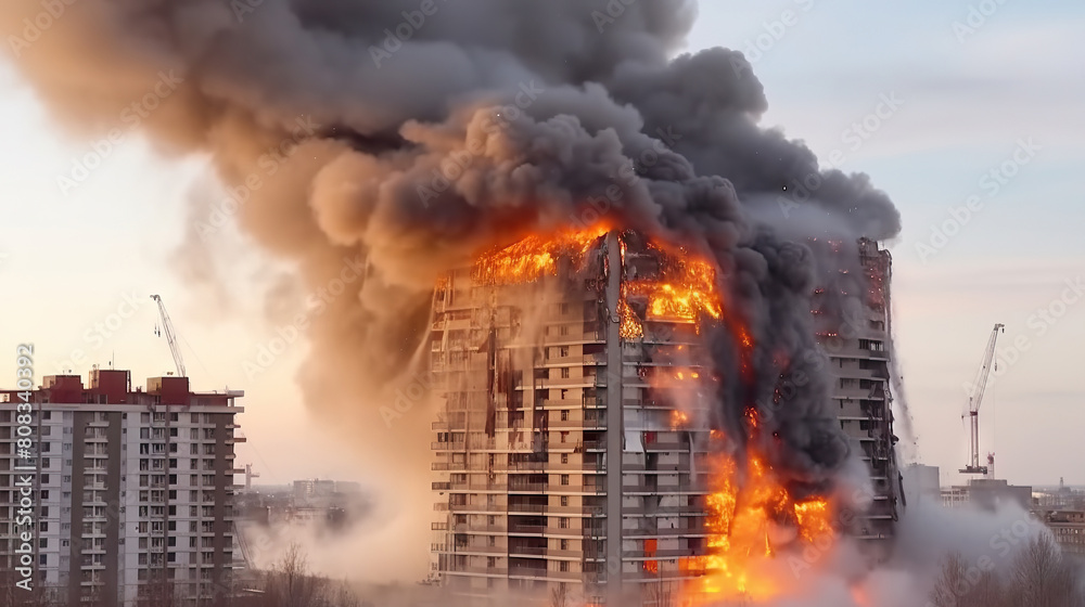 Dramatic Inferno at Construction Site: High-Rise Building Engulfed by Flames Amidst Urban Skyline