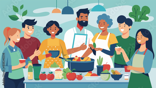 A lively and social gathering of individuals trying new healthy recipes at a potluck cooking class hosted by a registered dietician..