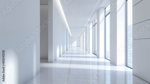 White open space office corridor with mock up wall hyper realistic 