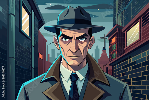 Illustration of a stern looking detective wearing a fedora and a trench coat, standing in a city alley with buildings and a sign reading "DULETE" in the background.