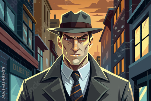 Illustration of a stern looking detective wearing a fedora and a trench coat, standing in a city alley with buildings and a sign reading "DULETE" in the background.