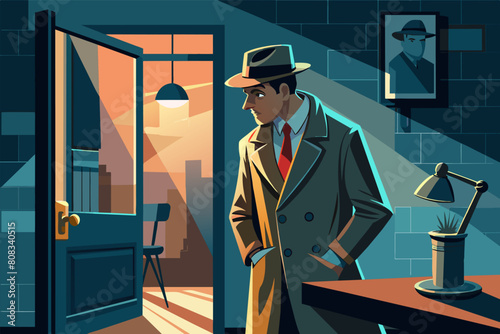 Illustration of a stylized detective with a blue face, wearing a trench coat and fedora, standing in the doorway of a dimly lit room.