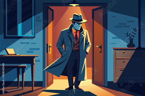 Illustration of a stylized detective with a blue face, wearing a trench coat and fedora, standing in the doorway of a dimly lit room.