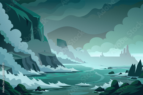 Illustration of a dramatic coastal scene with cliffs, turbulent ocean waves, and swirling mist under a stormy sky, rendered in shades of green and blue.
