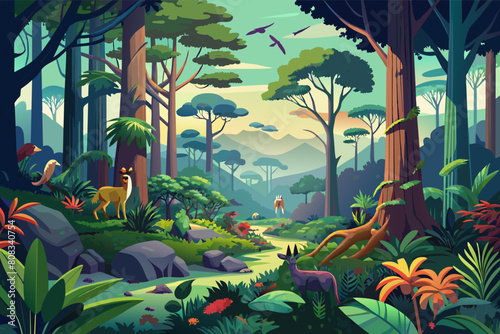 Colorful illustration of a dense forest with various animals including a bear, deer, and birds, surrounded by tall trees and lush vegetation.