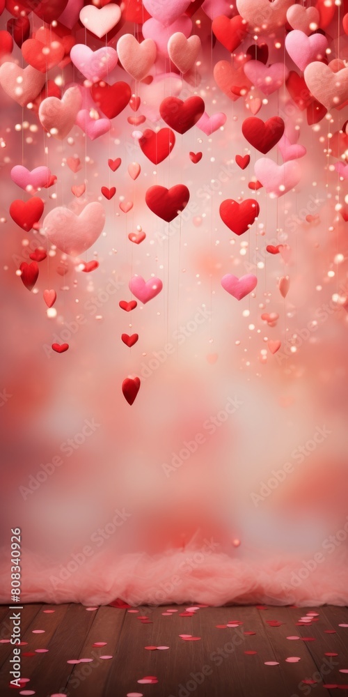 Obraz premium The room is creatively decorated with heartshaped balloons hanging from the ceiling, pink and red hearts, and wooden flooring. 3d illustration. High quality photo