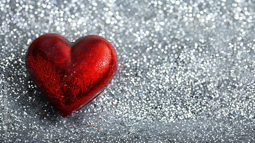 A red heart is sitting on top of a silver surface.