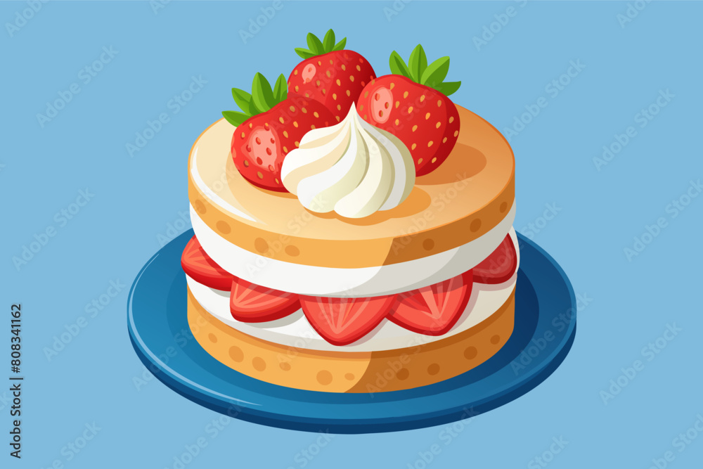 Illustration of a layered pancake dessert topped with fresh strawberries and a dollop of whipped cream, served on a blue plate. Illustration of a layered pancake dessert topped with fresh strawberries and a dollop of whipped cream, served on a blue plate.