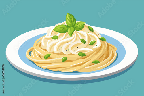 Illustration of a plate of spaghetti topped with cream sauce and garnished with fresh basil leaves and chopped green onions on a teal background.