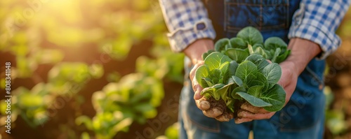 Close-up of farmer's hands cradling organic bok choy against the backdrop of a sunlit agricultural field, symbolizing sustainable farming and healthy produce cultivation photo