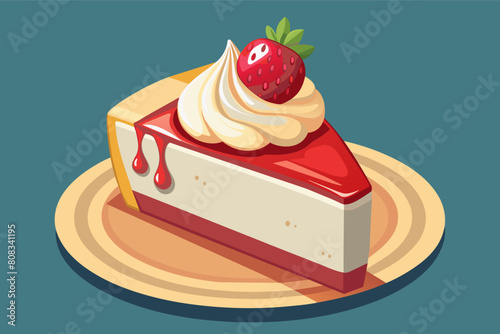 Illustration of a slice of strawberry cheesecake with whipped cream and a strawberry on top, served on a wooden plate, with syrup drizzling down the side.