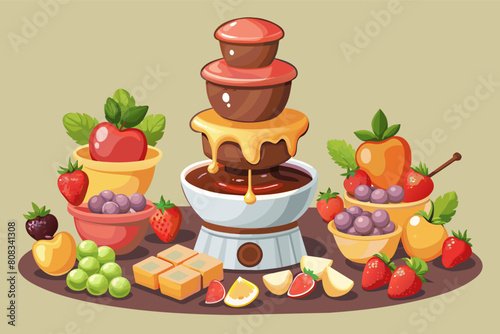 Illustration of a chocolate fondue fountain surrounded by various fruits like strawberries, apples, and citrus, with bowls of diced cheese and chocolate pieces