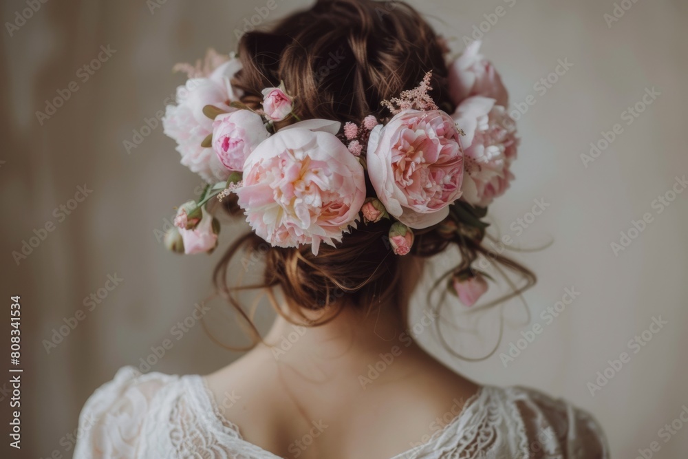 Obraz premium bridal pink peonies ad roses flowers headband on bride hair close-up view from behind. Hairstyle wedding idea.