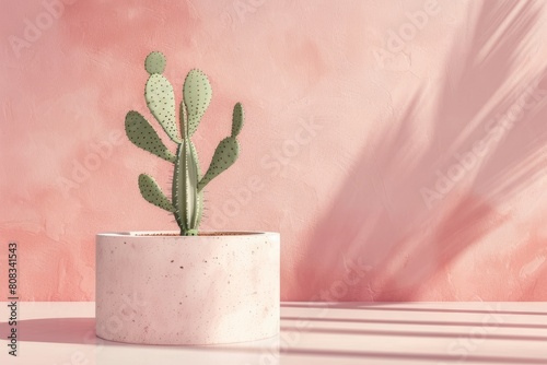 green tropical cactus on pink background - minimal trendy podium for product or fashion photography photo