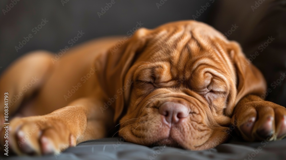 A cute little red Dogue de Bordeaux puppy sleeps on the couch at home
