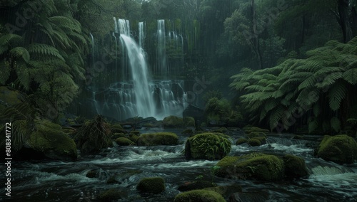 Cinematic photo of a waterfall in a rainforest  with mossy rocks and ferns 