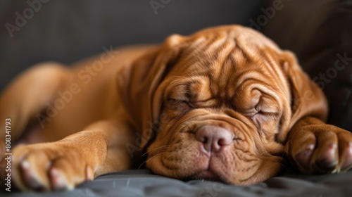 A cute little red Dogue de Bordeaux puppy sleeps on the couch at home