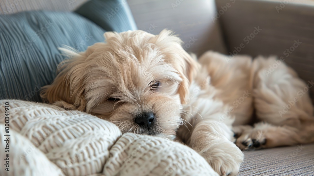 Photo of a light maltese puppy who falls asleep sweetly on the couch Photo of a light maltese puppy who falls asleep sweetly on the couch