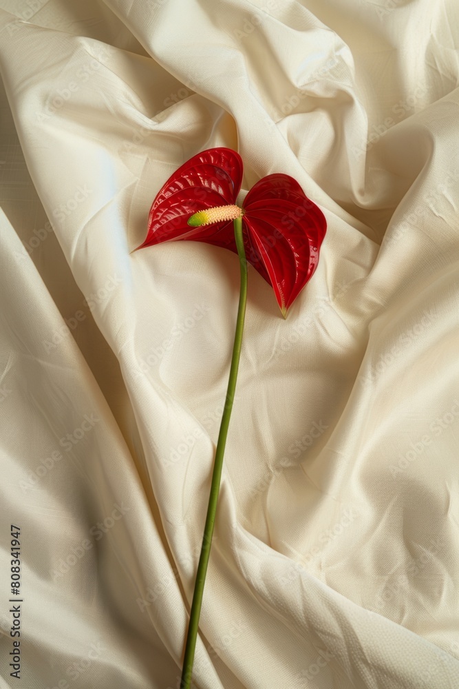 red anthurium flower on white folded fabric. Menstruation period and cycle concept. Feminine hygiene. 