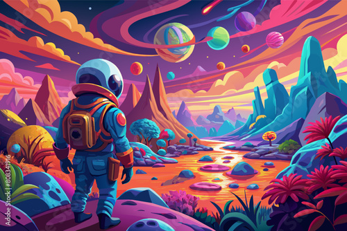 Colorful illustration of an astronaut exploring an alien landscape with vibrant plant life, strange rocks, and multiple planets visible in the sky, creating a whimsical and otherworldly scene.
