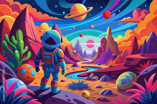 Colorful illustration of an astronaut exploring an alien landscape with vibrant plant life, strange rocks, and multiple planets visible in the sky, creating a whimsical and otherworldly scene.
