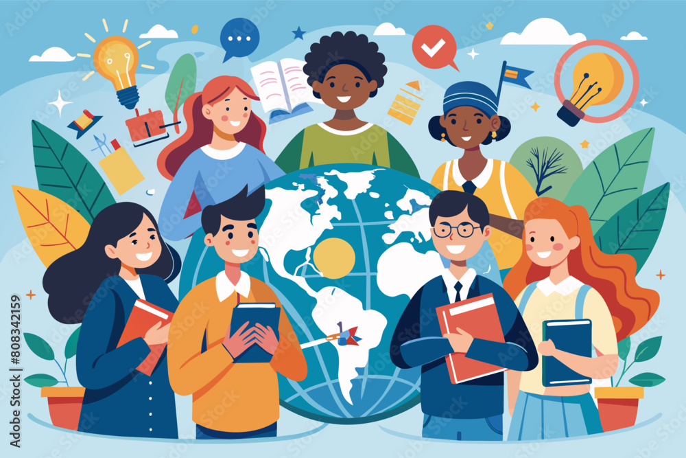 group of students standing around a globe with educational and innovative icons like books, a lightbulb, and leaves in the background. The students are smiling and holding books group of students standing around a globe with educational and innovative icons like books, a lightbulb, and leaves in the background. The students are smiling and holding books