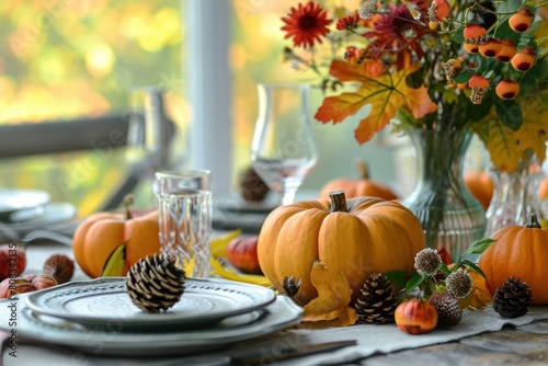 Cozy festive table arrangement with autumnal decorations, pumpkins, and natural elements by a window