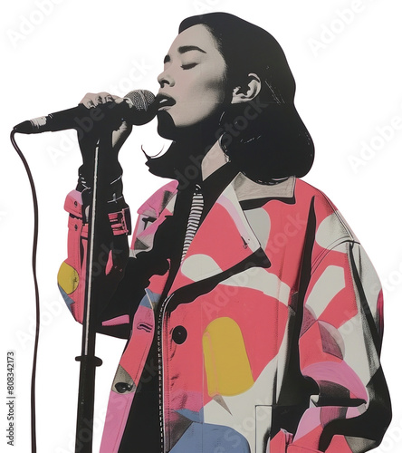 PNG Collage of woman singing microphone performer person.