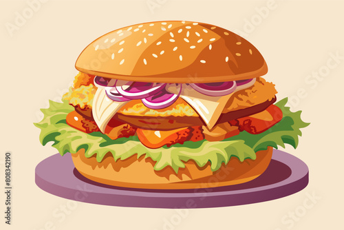 Illustration of a cartoon hamburger with lettuce  tomatoes  and a crispy chicken patty  adorned with eyes and a smiling mouth  suggesting a playful  animated character.
